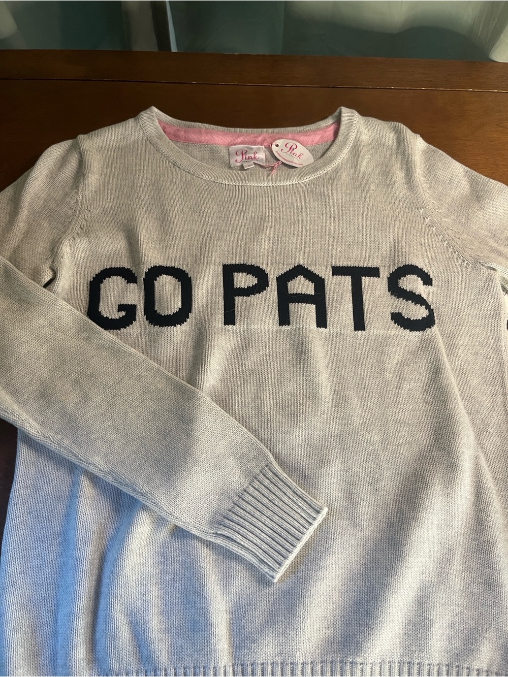 NWT Pink Pineapple Go Pats Light Gray Women's Cotton Sweater Football Small